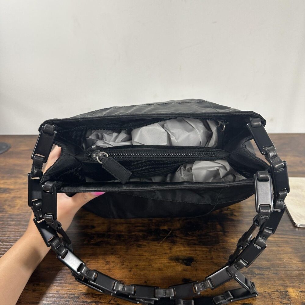 Prada Tessuto Nylon Shoulder Bag Medium Black Leather Strap Italy Logo Hardware - Picture 8 of 16